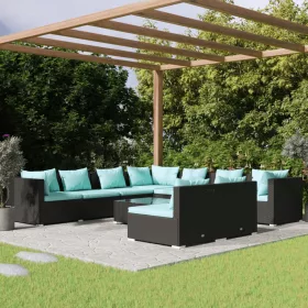    10 részes fekete polyrattan kerti ülőgarnitúra párnákkal