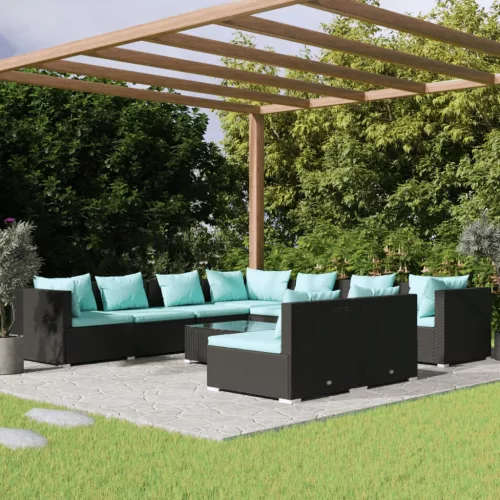  10 részes fekete polyrattan kerti ülőgarnitúra párnákkal