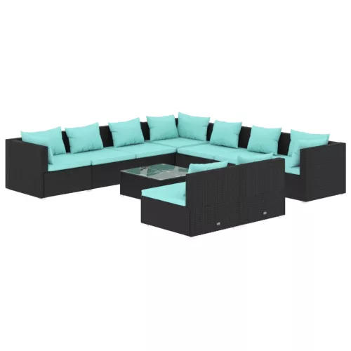  10 részes fekete polyrattan kerti ülőgarnitúra párnákkal