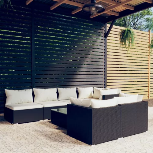  8 részes fekete polyrattan kerti ülőgarnitúra párnákkal