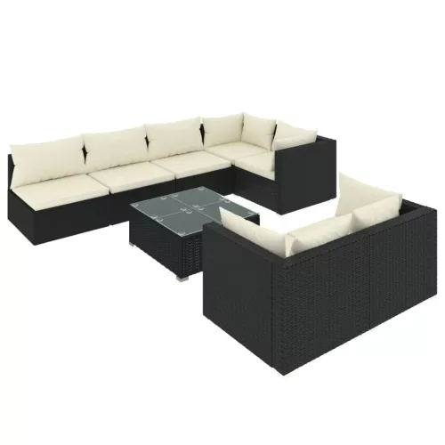  8 részes fekete polyrattan kerti ülőgarnitúra párnákkal