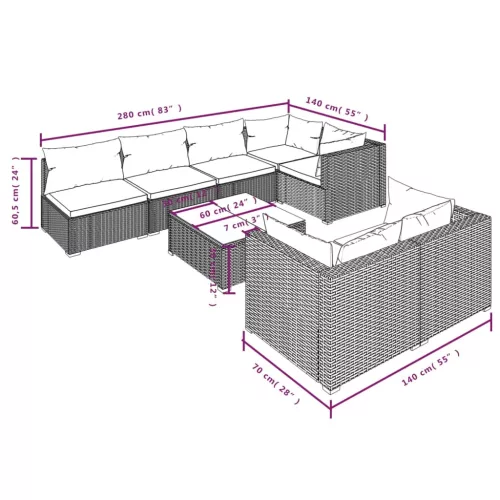  8 részes fekete polyrattan kerti ülőgarnitúra párnákkal