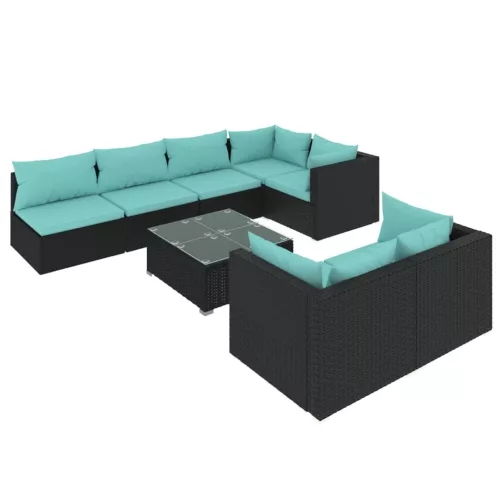  8 részes fekete polyrattan kerti ülőgarnitúra párnákkal