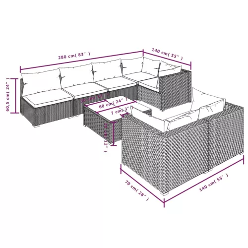  8 részes fekete polyrattan kerti ülőgarnitúra párnákkal