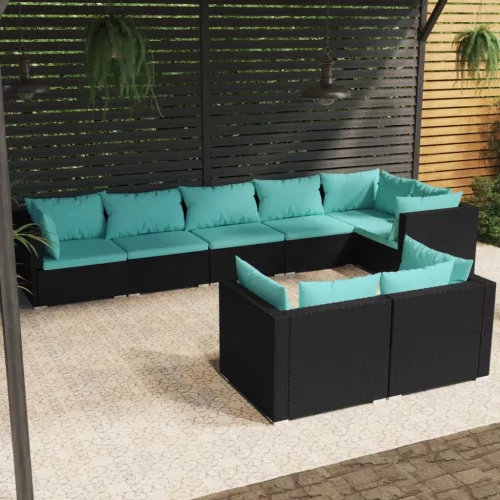  8 részes fekete polyrattan kerti ülőgarnitúra párnákkal