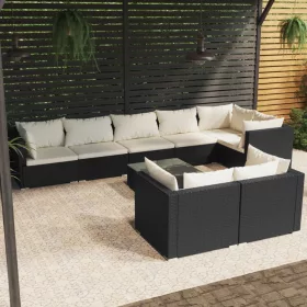    9 részes fekete polyrattan kerti ülőgarnitúra párnákkal