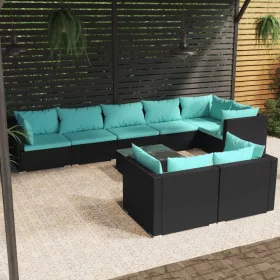    9 részes fekete polyrattan kerti ülőgarnitúra párnákkal