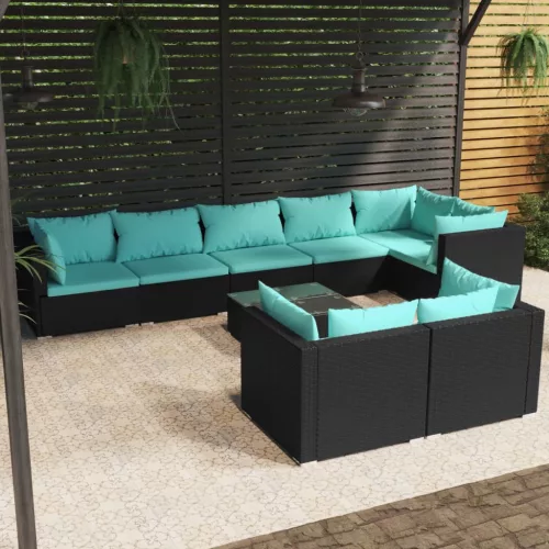  9 részes fekete polyrattan kerti ülőgarnitúra párnákkal
