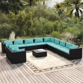    12 részes fekete polyrattan kerti ülőgarnitúra párnákkal