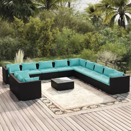  12 részes fekete polyrattan kerti ülőgarnitúra párnákkal
