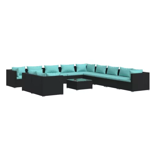  12 részes fekete polyrattan kerti ülőgarnitúra párnákkal