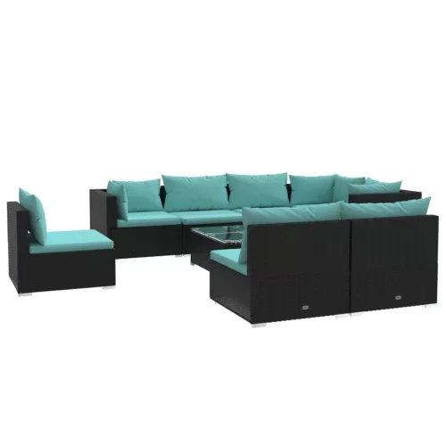  9 részes fekete polyrattan kerti ülőgarnitúra párnákkal