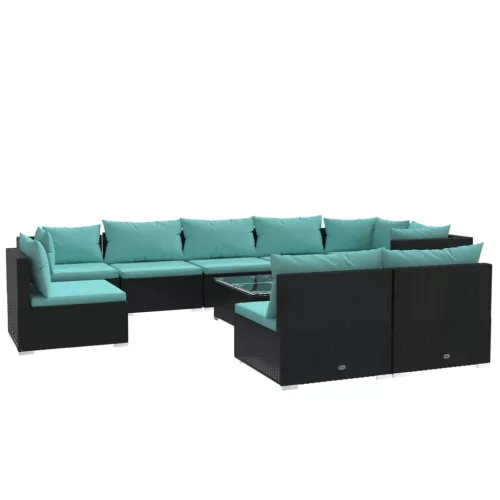  10 részes fekete polyrattan kerti ülőgarnitúra párnákkal