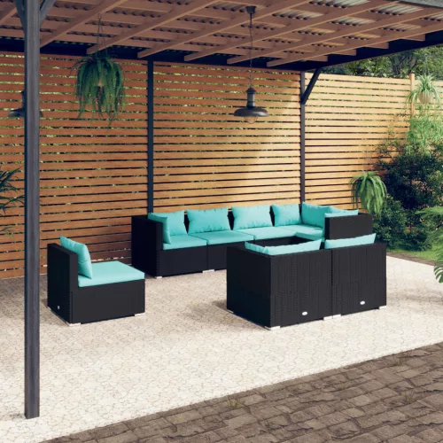  8 részes fekete polyrattan kerti ülőgarnitúra párnákkal