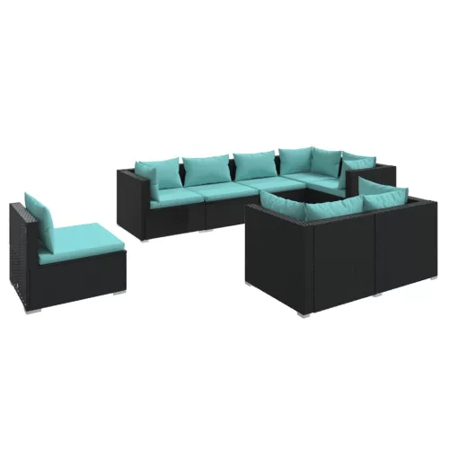  8 részes fekete polyrattan kerti ülőgarnitúra párnákkal