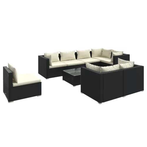  9 részes fekete polyrattan kerti ülőgarnitúra párnákkal