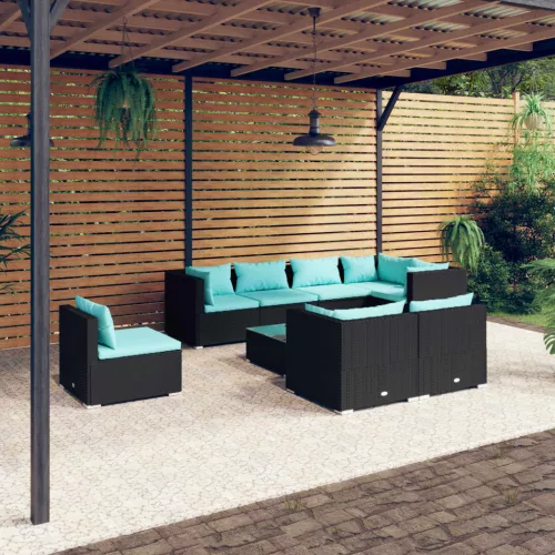  9 részes fekete polyrattan kerti ülőgarnitúra párnákkal