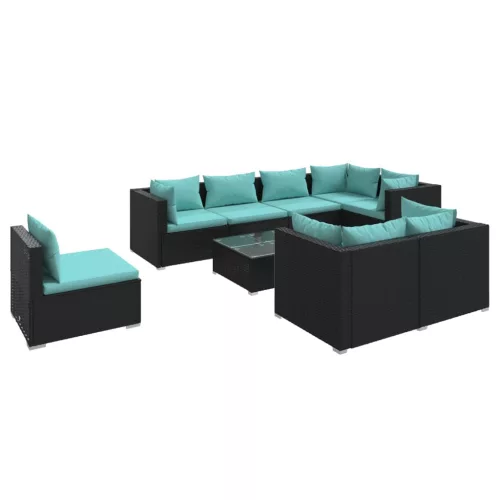  9 részes fekete polyrattan kerti ülőgarnitúra párnákkal