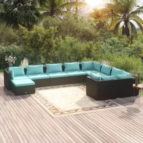    10 részes fekete polyrattan kerti ülőgarnitúra párnákkal