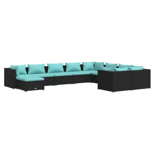  10 részes fekete polyrattan kerti ülőgarnitúra párnákkal