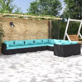    9 részes fekete polyrattan kerti ülőgarnitúra párnákkal