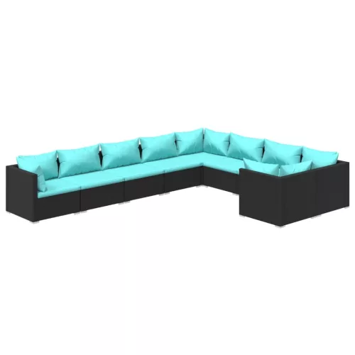  9 részes fekete polyrattan kerti ülőgarnitúra párnákkal