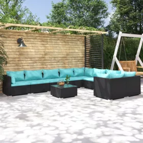    10 részes fekete polyrattan kerti ülőgarnitúra párnákkal