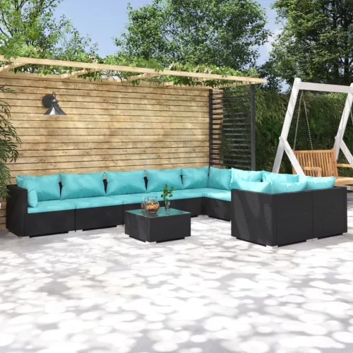  10 részes fekete polyrattan kerti ülőgarnitúra párnákkal