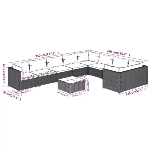  10 részes fekete polyrattan kerti ülőgarnitúra párnákkal