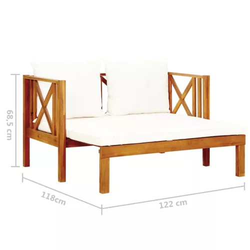  kétszemélyes tömör akácfa kerti pad párnákkal 122 cm
