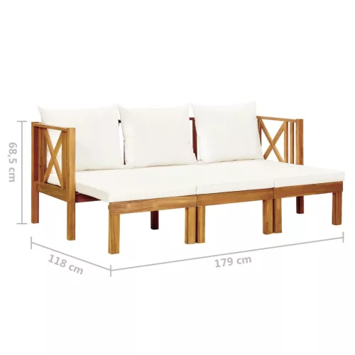  háromszemélyes tömör akácfa kerti pad párnákkal 179 cm