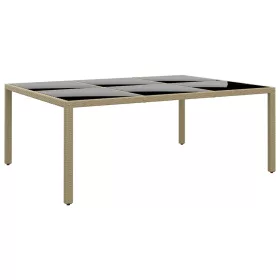    bézs polyrattan és edzett üveg kerti asztal 200 x 150 x 75 cm