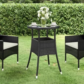    fekete polyrattan és edzett üveg kerti asztal Ø60 x 75 cm