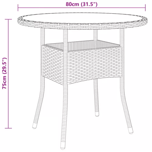  fekete polyrattan és edzett üveg kerti asztal Ø 80 x 75 cm