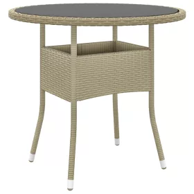  bézs polyrattan és edzett üveg kerti asztal Ø80 x 75 cm