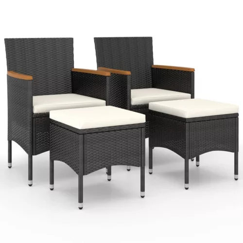  4 részes fekete polyrattan kerti szék- és zsámolyszett