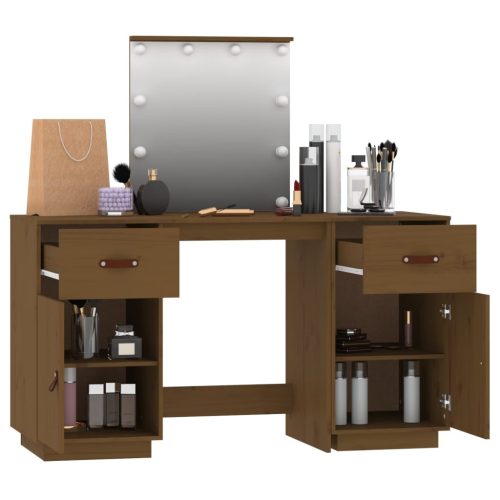  mézbarna tömör fenyőfa fésülködőasztal szett LED-del