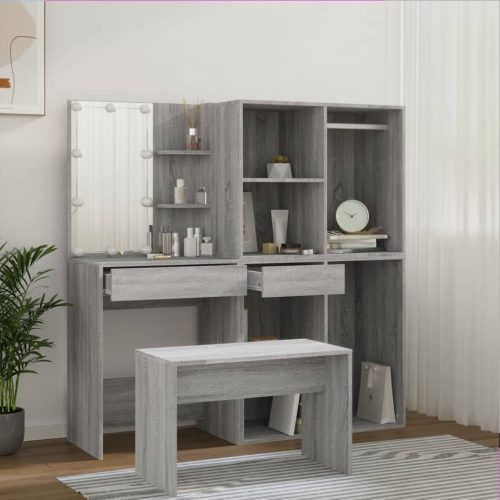  szürke sonoma színű szerelt fa fésülködőasztal-szett LED-ekkel