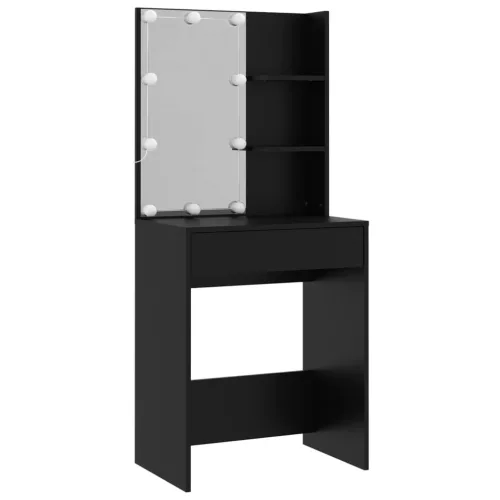  fekete szerelt fa fésülködőasztal szett LED-del