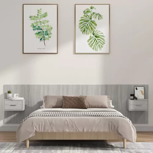  szürke sonoma színű szerelt fa ágyfejtámla szekrényekkel