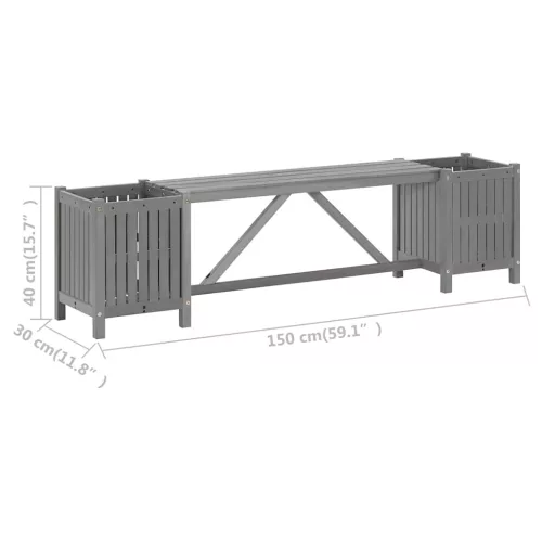  szürke tömör akácfa kerti pad 2 virágtartóval 150 cm