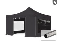   Professional összecsukható sátor PREMIUM 520g/m2 tűzálló ponyvával, acélszerkezettel, 4 oldalfallal, panoráma ablakkal - 4x4m fekete