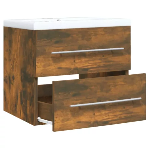  füstös tölgy színű szerelt fa mosdószekrény beépített mosdóval