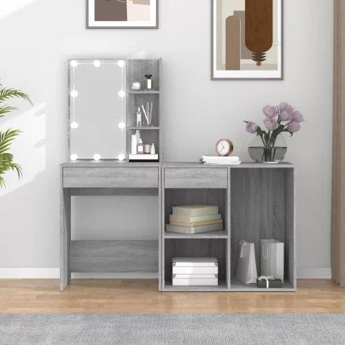  szürke sonoma színű szerelt fa LED-es pipereasztal szekrénnyel