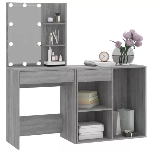  szürke sonoma színű szerelt fa LED-es pipereasztal szekrénnyel