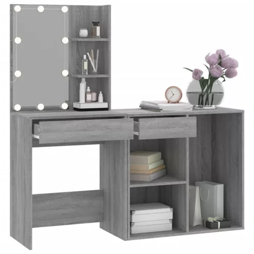  szürke sonoma színű szerelt fa LED-es pipereasztal szekrénnyel