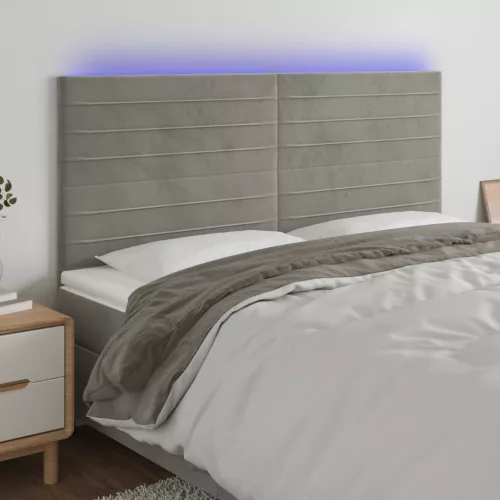  világosszürke bársony LED-es fejtámla 160x5x118/128 cm