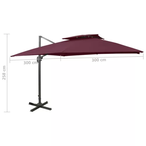  bordóvörös dupla tetejű konzolos napernyő 300 x 300 cm