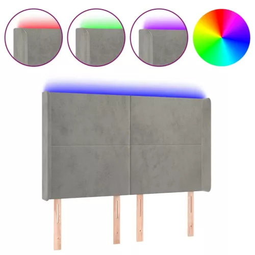  világosszürke bársony LED-es fejtámla 147x16x118/128 cm