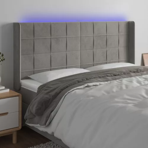  világosszürke bársony LED-es fejtámla 163x16x118/128 cm